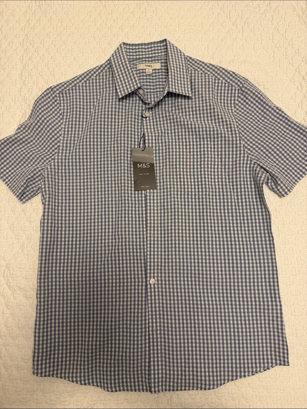 Men’s Short Sleeve Blue Gingham Button-Down Shirt